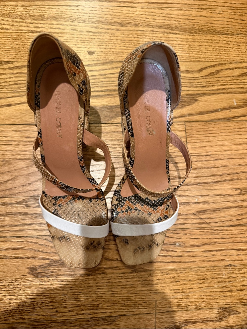 Rachel Comey Tan Snakeskin Sandals with White Toe Strap